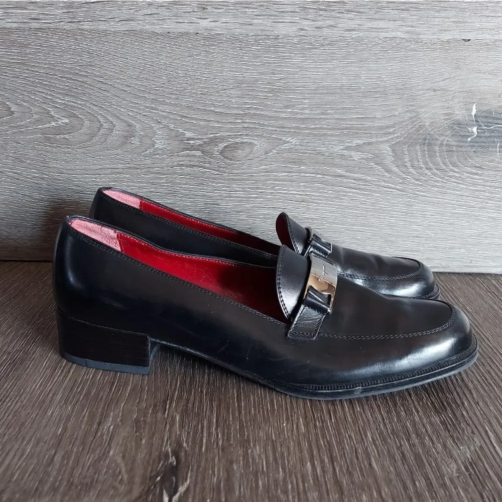 Salvatore Ferragamo Loafers Sport Black Leather Low Heel Dress Silver Loafer 5.5
